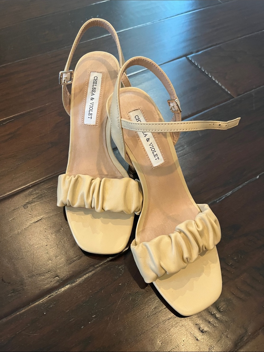 Chelsea & Violet Pale Cream Ruched Strap Slingback Heels